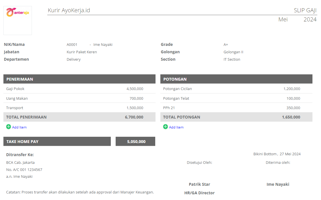 Contoh slip gaji Kurir anteraja