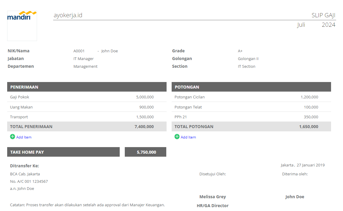 Slip gaji Kerja menjadi pegawai bank Mandiri