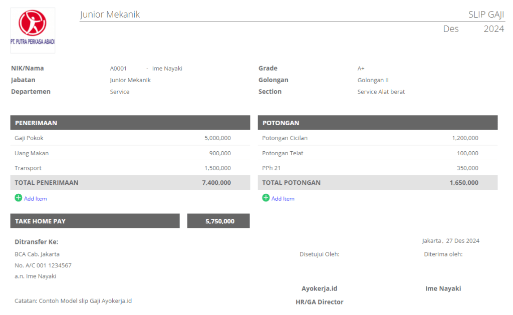slip gaji karyawan PT Putra Perkasa Abadi
